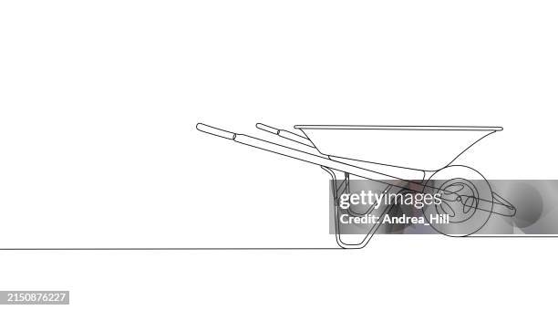schubkarren-einzellinienzeichnung mit kopierraum und bearbeitbarem strich - schubkarre stock-grafiken, -clipart, -cartoons und -symbole