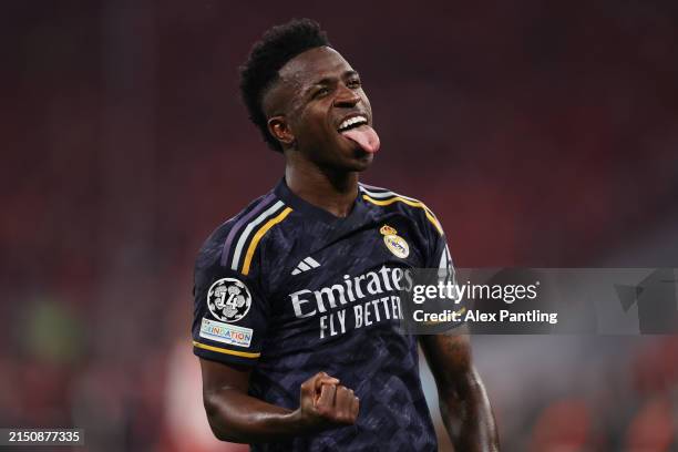 Vinicius Junior of Real Madrid celebrates scoring his team's second goal during the UEFA Champions League semi-final first leg match between FC...