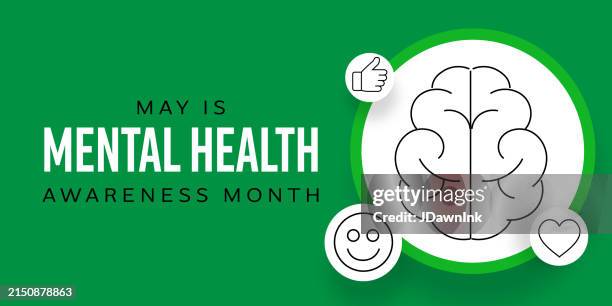mental health awareness month may with brain and emoji icons web banner text design template - mental health awareness green ribbon stock illustrations