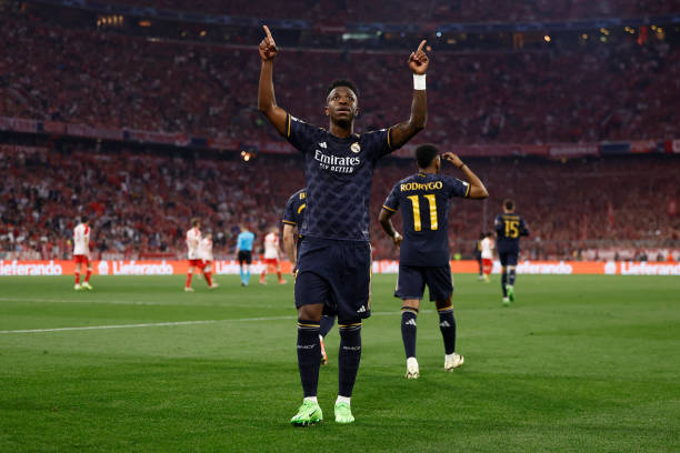 Vinicius Junior player of Real Madrid celebrates after scoring a goal during the UEFA Champions League semi-final first leg match between FC Bayern...