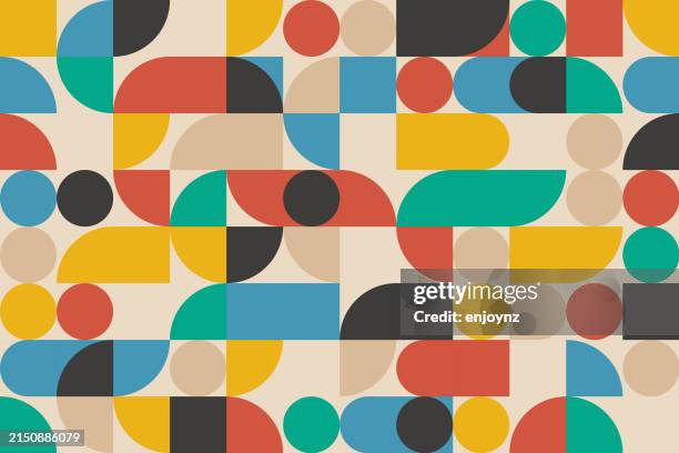 illustrazioni stock, clip art, cartoni animati e icone di tendenza di seamless multi colored retro bauhaus abstract shapes pattern - motivo ripetuto
