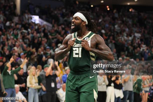 Patrick Beverley of the Milwaukee Bucks reacts to a score during the second half of game five of the Eastern Conference First Round Playoffs against...