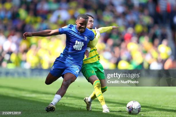 Ethan Laird of Birmingham and Marcelino Nunez of Norwich City are competing during the Sky Bet Championship match between Birmingham City and Norwich...