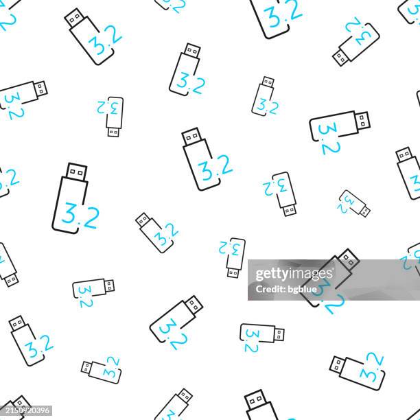 usb 3.2 flash drive. seamless pattern. line icons on white background - key duplication stock illustrations