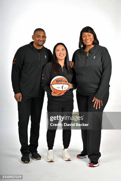 Assistant Coaches Tyler Marsh, Natalie Nakase, and Charlene Thomas-Swinson of the Las Vegas Aces pose for a portrait during the WNBA media day at Vu...