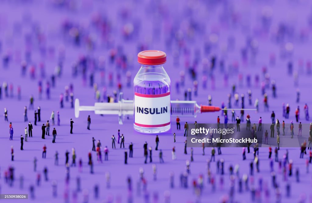 Human Crowd Surrounding An Injectable Insulin Bottle On Purple Background