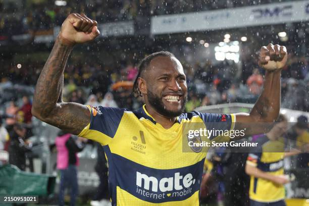 Brian Kaltak of the Mariners celebrates the teams win and being crowned champions during the A-League Men round 25 match between Central Coast...