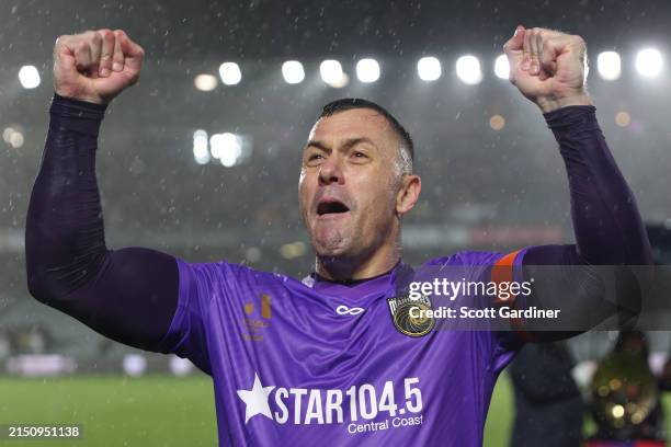 Danny Vukovic of the Mariners elebrates the teams win and being crowned championsduring the A-League Men round 25 match between Central Coast...