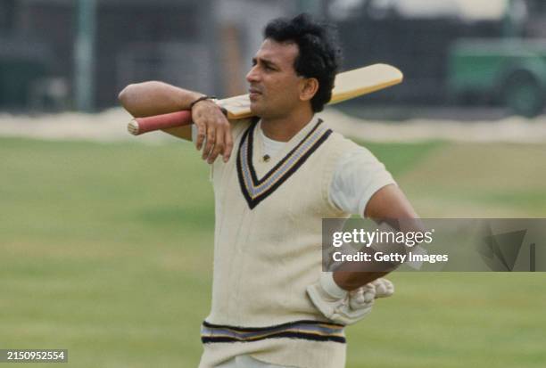 India batsman Sunil Gavaskar looks on holding the bat over his shoulder during a net session on the 1986 England India tour of England.