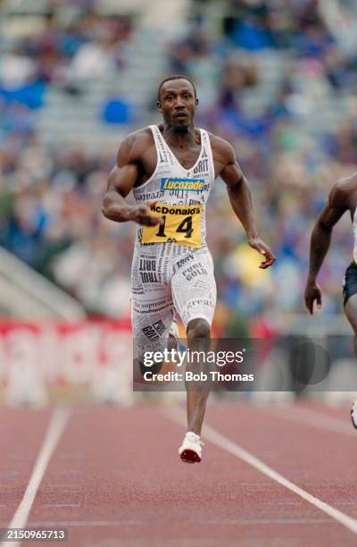 British athlete Linford Christie competes in a sprint event on the track at the McDonald's Games in the Don Valley Stadium in Sheffield, England on...