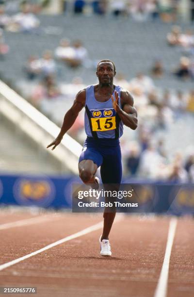 British athlete Linford Christie competes in the Men's 100 metres sprint event on the track at the 1994 AAA Championships at the Don Valley Stadium...