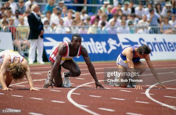 British athlete Linford Christie on the blocks at the start of a 100 metres sprint event at the Dairy Crest International athletics meeting in...