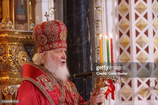 Russian Orthodox Patriarch Kirill speaks during the Easter service at the Christ The Saviour Cathedral, May 5 in Moscow, Russia. This year Russian...