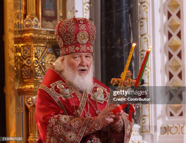 Russian Orthodox Patriarch Kirill speaks during the Easter service at the Christ The Saviour Cathedral, May 5 in Moscow, Russia. This year Russian...