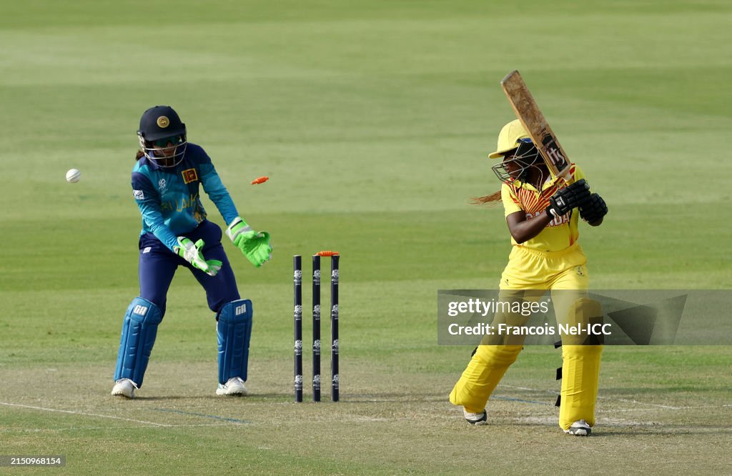 Hardware Ritah Ritah Musamali of Uganda is bowled out during the ICC Women's T20 ...