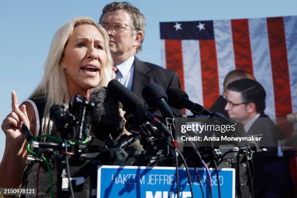 Rep. Marjorie Taylor Greene speaks at a news conference alongside Rep. Thomas Massie at the U.S. Capitol Building on May 01, 2024 in Washington, DC....