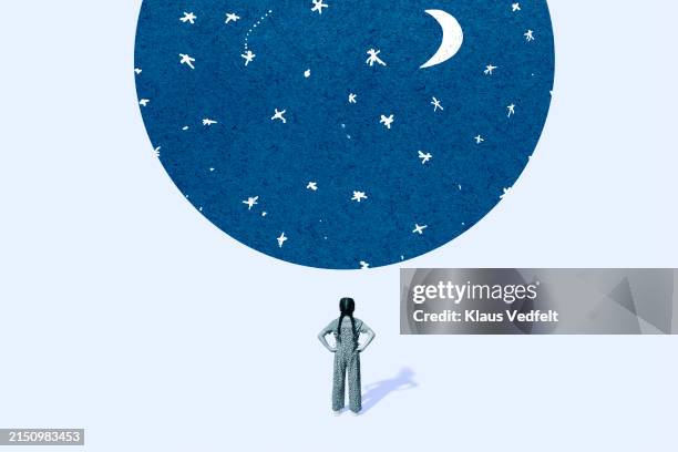 girl at stars and moon in circle - digital composite stock pictures, royalty-free photos & images