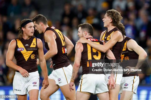 Hawthorn debutant Calsher Dear celebrates the first goal of his career during the 2024 AFL Round 08 match between the Western Bulldogs and the...