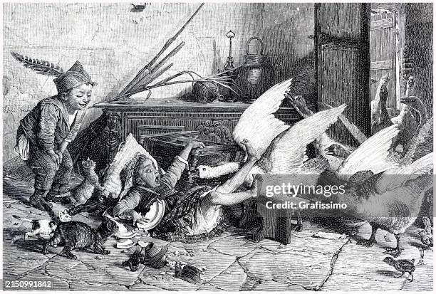two little boys playing with goose and being attacked 1897 - animals attacking stock illustrations