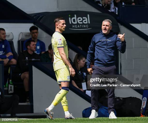 Preston North End manager Ryan Lowe gives instructions to Alan Browne from the technical area during the Sky Bet Championship match between West...