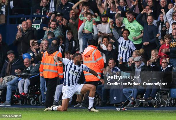 West Bromwich Albion's Kyle Bartley celebrates scoring his side's second goal during the Sky Bet Championship match between West Bromwich Albion and...