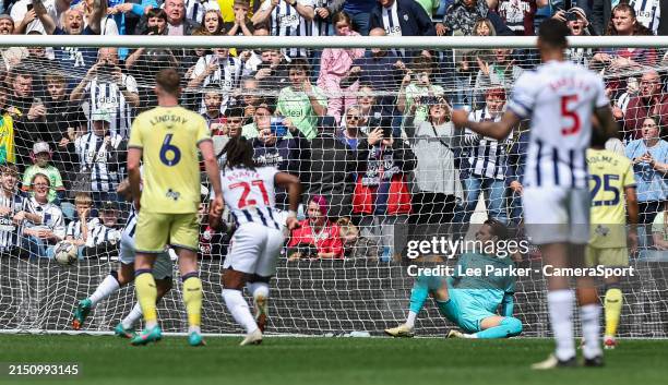 West Bromwich Albion's Alex Mowatt scores the opening goal from the penalty spot beating Preston North End's Freddie Woodman during the Sky Bet...