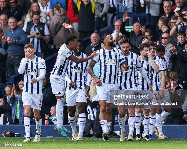 West Bromwich Albion's Kyle Bartley celebrates scoring his side's second goal with Grady Diangana during the Sky Bet Championship match between West...