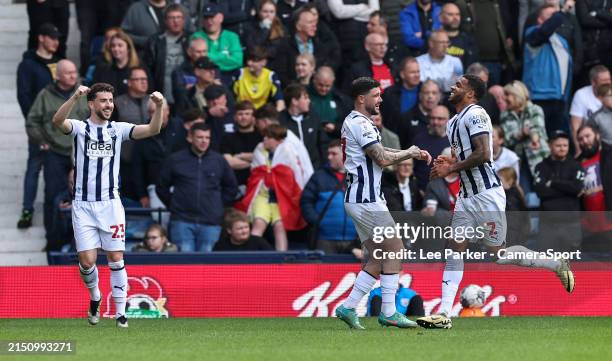 West Bromwich Albion's Darnell Furlong celebrates scoring his side's third goal with Alex Mowatt and Mikey Johnston during the Sky Bet Championship...