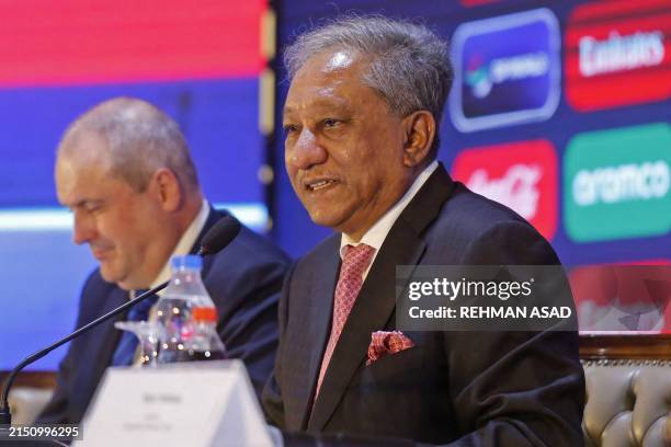 Bangladesh Cricket Board president Nazmul Hassan Papon speaks next to ICC chief executive officer Geoff Allardice during a press conference in Dhaka...