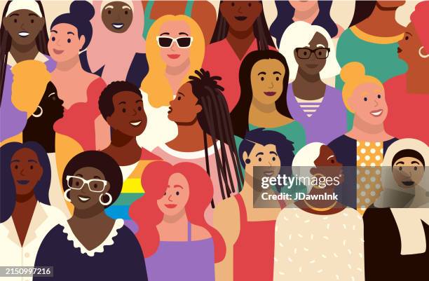 ilustraciones, imágenes clip art, dibujos animados e iconos de stock de multitud de mujeres diversas con varias expresiones de fondo de colores vibrantes - mujeres