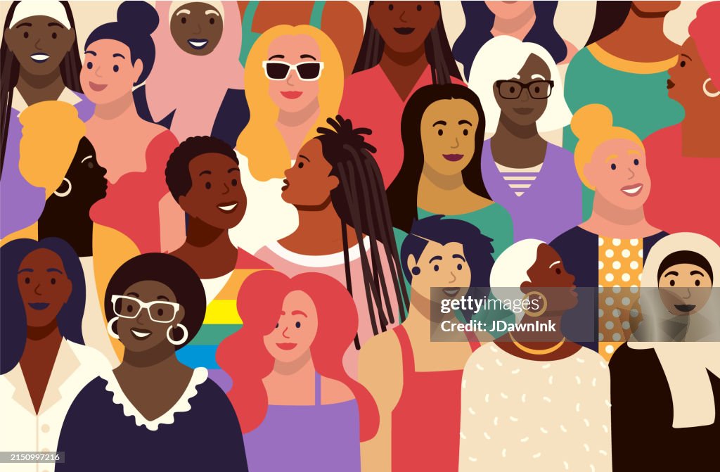 Crowd of diverse women with various expressions vibrant colors background