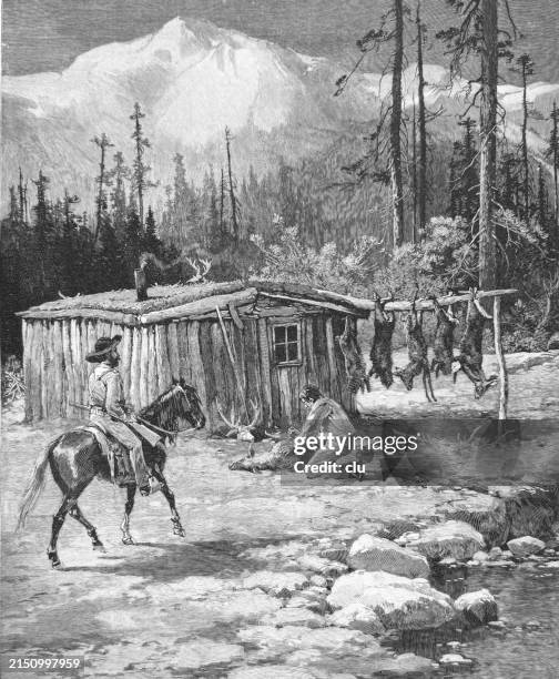 small settlement in the north american rocky mountains - deer creek stock illustrations
