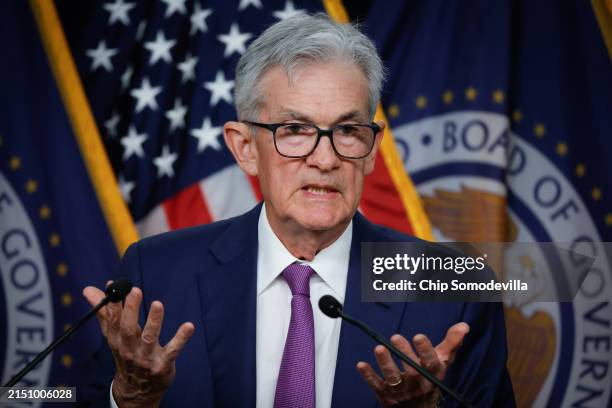Federal Reserve Bank Chair Jerome Powell announces that interest rates will remain unchanged during a news conference at the bank's William McChesney...