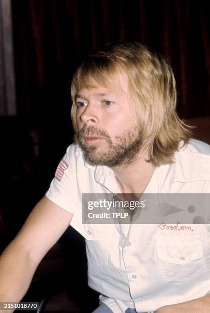 Swedish musician Björn Ulvaeus, of the supergroup ABBA, sits at the audio mixer sound board at their Polar Studios in Stockholm, Sweden, circa 1977.