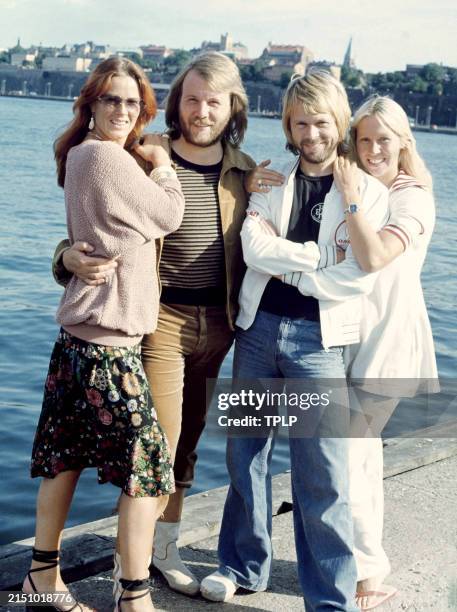 Swedish singers and songwriters Anni-Frid Lyngstad, Benny Andersson, Björn Ulvaeus and Agnetha Fältskog, of the supergroup ABBA, pose for a portrait...