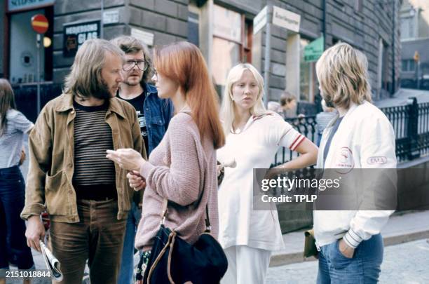 Technician Michael Tretow stands with Swedish singers and songwriters Benny Andersson, Anni-Frid Lyngstad, Agnetha Fältskog and Björn Ulvaeus, of the...