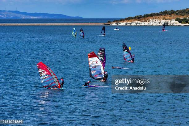 An aerial view of athletes competing during the 1st leg of the Turkish Sailing Federation Windsurfing Slalom League between Phokaia Beach Resort and...