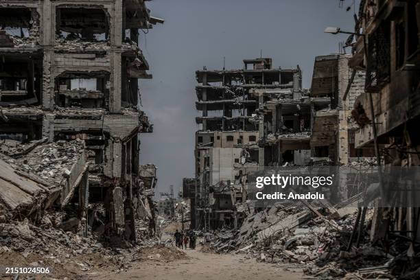 View of collapsed buildings as the Palestinians return back to their homes after the Israeli army withdrew from the region in Khan Yunis, Gaza on May...