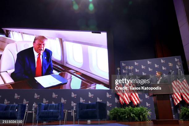 Jacob Helberg, Advisor to Palantir CEO introduces a video message from 45th U.S. President, Donald Trump at The Hill & Valley Forum on AI Security at...