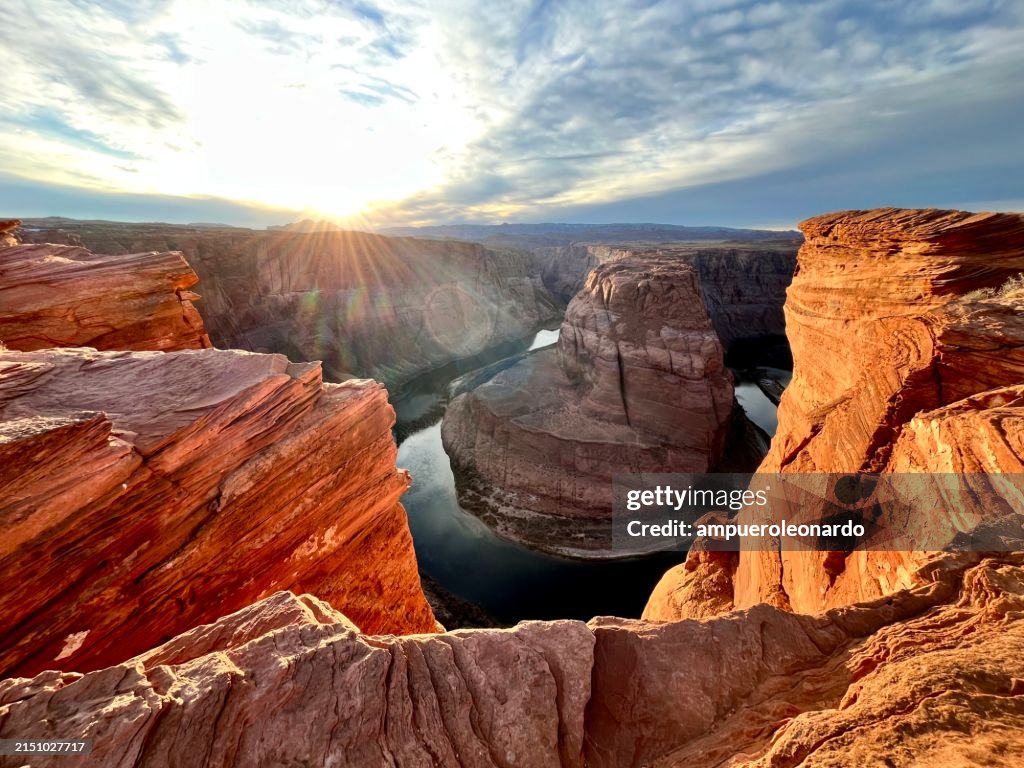 Horseshoe Bend Colorful Sunset Twilight landscape view in Grand Glen Canyon National Park, Arizona, United States Of America at sunset time in winter season.