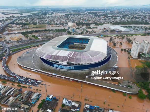 In this aerial view, flood waters surround the Gremio Arena after heavy rain on May 5, 2024 in Porto Alegre, Brazil. Rains have struck heavily the...