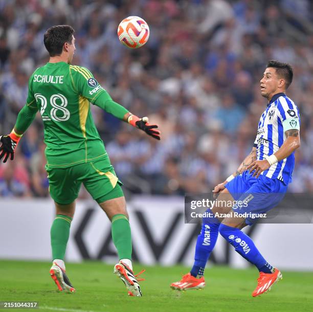 Maximiliano Meza of Monterrey shoots the ball over Patrick Schulte of Columbus Crew during the 2024 Concacaf Champions Cup semifinal second-leg match...