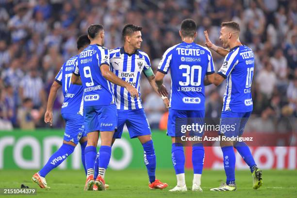 Maximiliano Meza of Monterrey celebrates with teammates after the team's first goal during the 2024 Concacaf Champions Cup semifinal second-leg match...