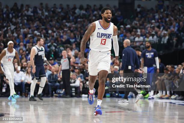 Paul George of the LA Clippers celebrates during the game against the Dallas Mavericks during Round 1 Game 4 of the 2024 NBA Playoffs on April 28,...