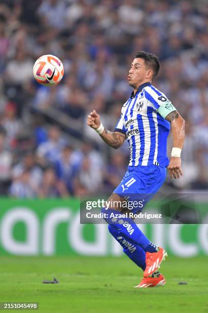 Maximiliano Meza of Monterrey controls the ball during the 2024 Concacaf Champions Cup semifinal second-leg match between Monterrey and Columbus Crew...