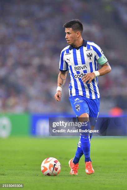 Maximiliano Meza of Monterrey drives the ball during the 2024 Concacaf Champions Cup semifinal second leg between Monterrey and Columbus Crew at BBVA...