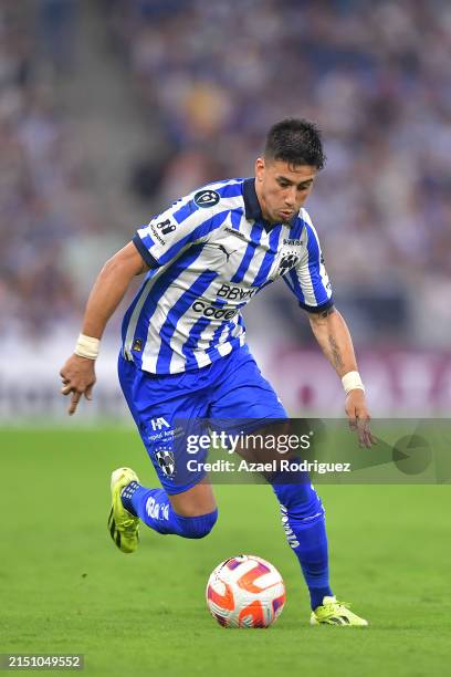 Maximiliano Meza of Monterrey drives the ball during the 2024 Concacaf Champions Cup semifinal second-leg match between Monterrey and Columbus Crew...