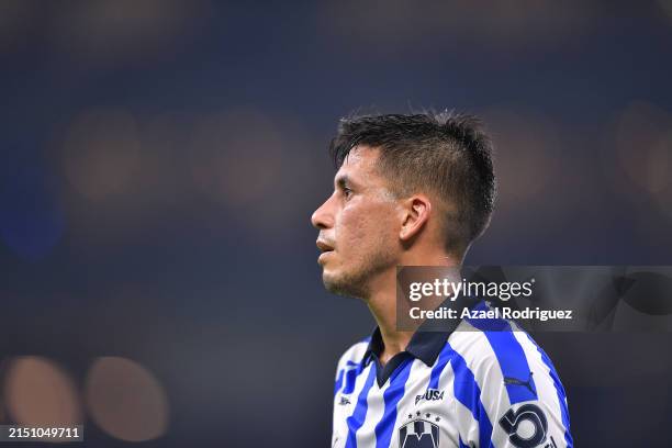 Maximiliano Meza of Monterrey looks down during the 2024 Concacaf Champions Cup semifinal second-leg match between Monterrey and Columbus Crew at...