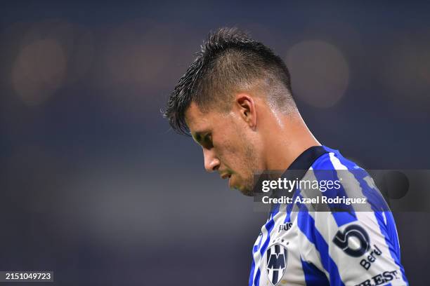 Maximiliano Meza of Monterrey looks down during the 2024 Concacaf Champions Cup semifinal second-leg match between Monterrey and Columbus Crew at...