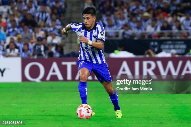 Maximiliano Meza of Monterrey drives the ball during the 2024 Concacaf Champions Cup semifinal second leg between Monterrey and Columbus Crew at BBVA...
